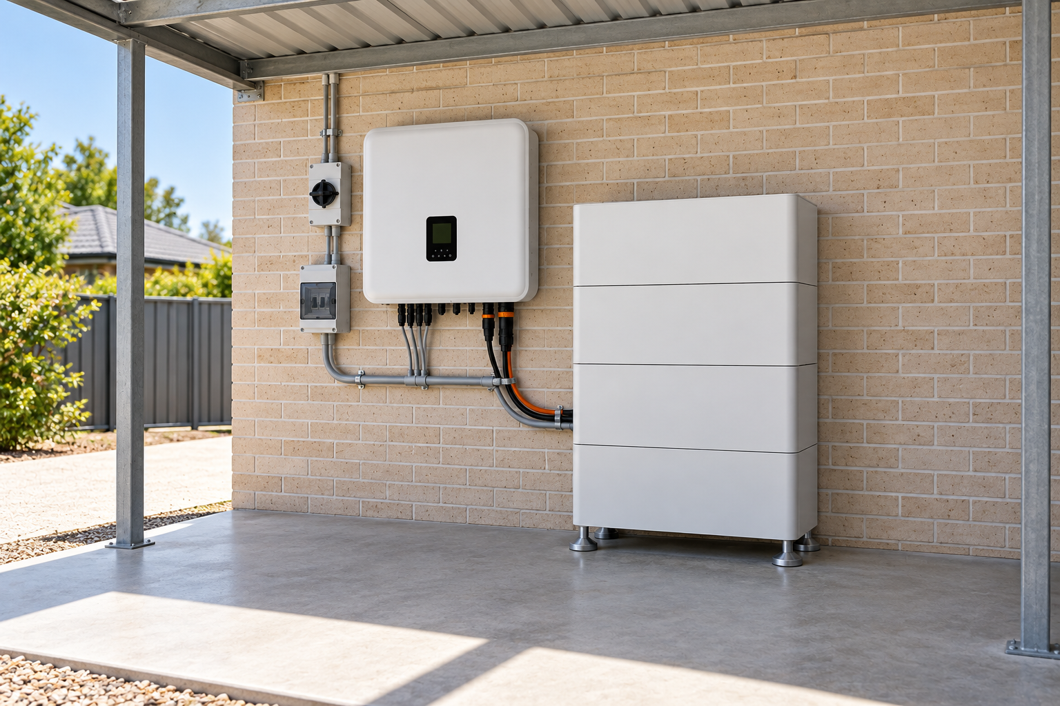 White stacked home battery and wall-mounted inverter without brand logos