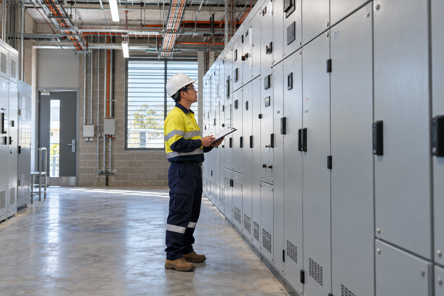 Technician reviewing commercial electrical cabinets