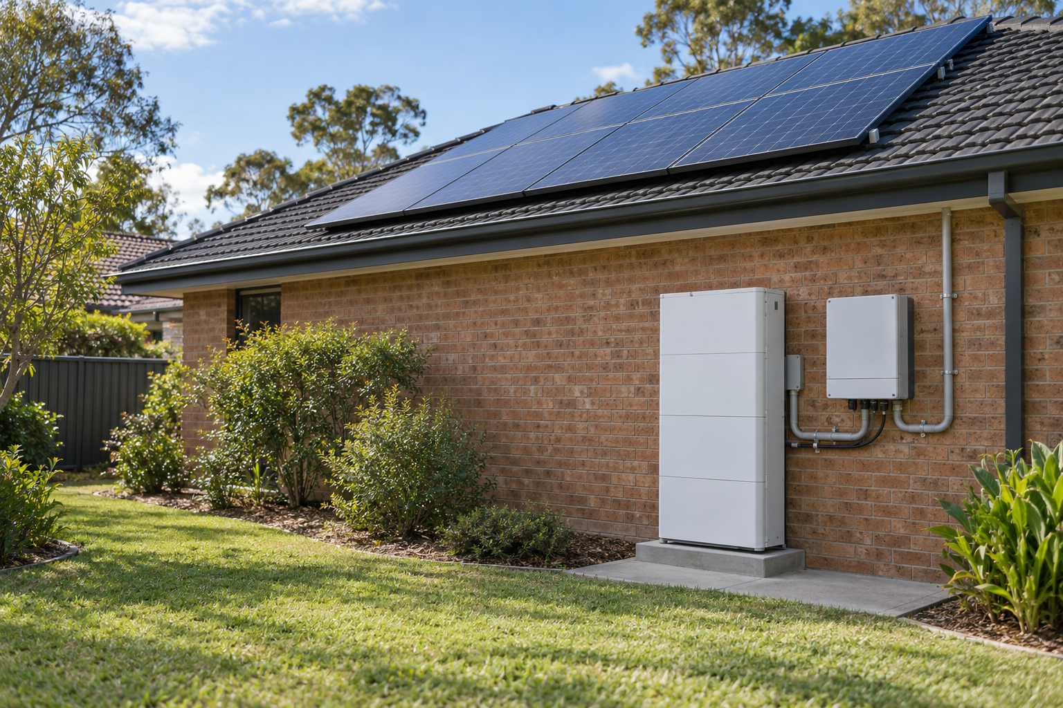 Rooftop solar panels with a home battery and inverter at an Australian residence