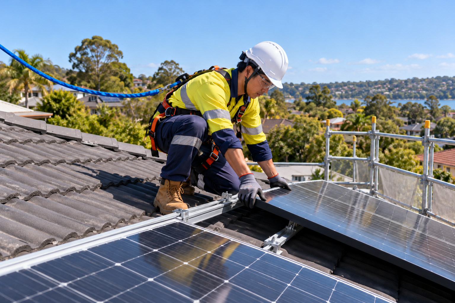 Solar technician fitting panels on a residential roof