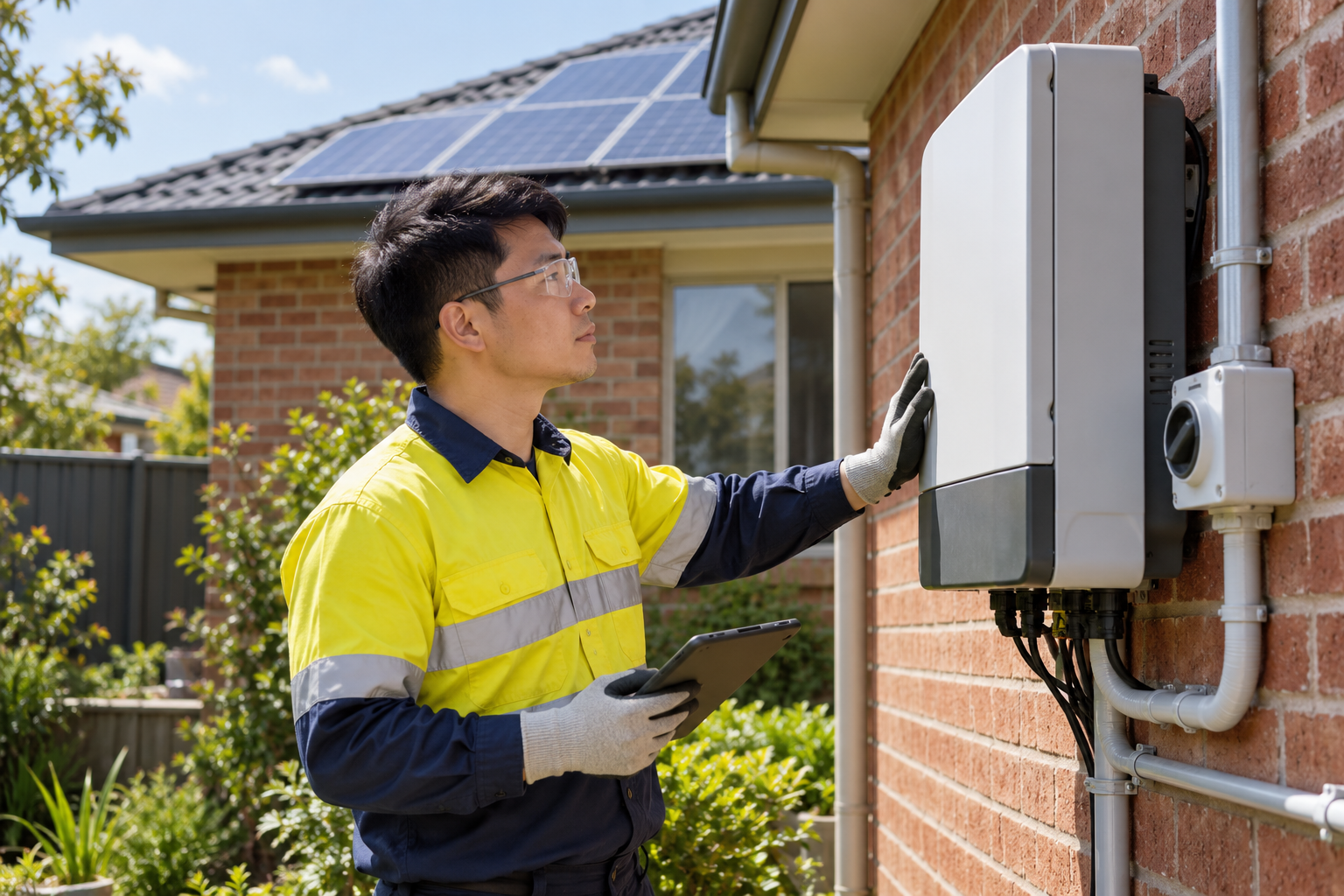 Technician inspecting an existing outdoor solar inverter